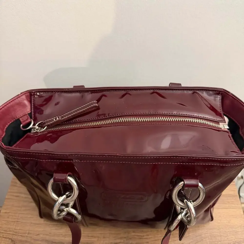Coach Burgundy Patent Leather Tote Bag with Turnlock Pockets